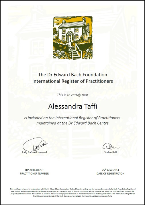attestato bach foundation alessandra taffi